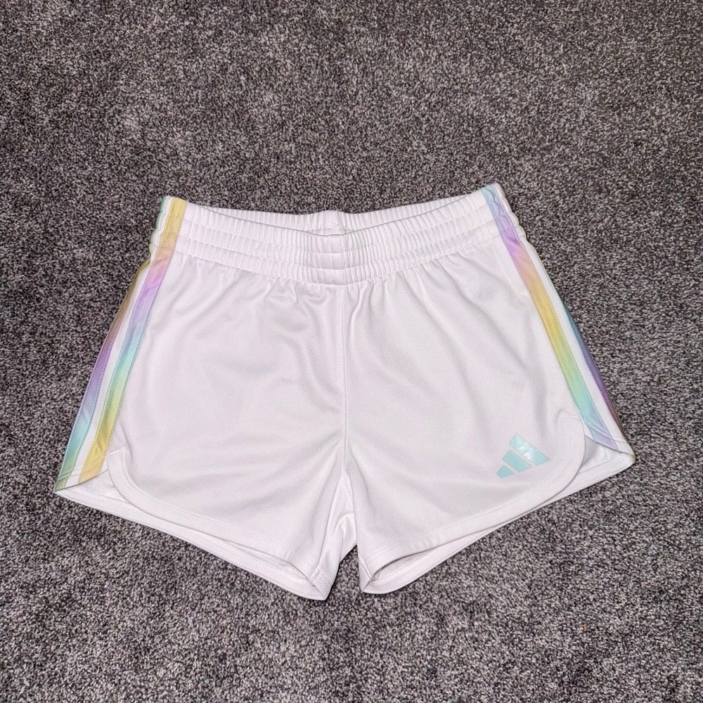 Adidas Youth Girls White Athletic Shorts w/ Iridescent Rainbow Stripes - Medium